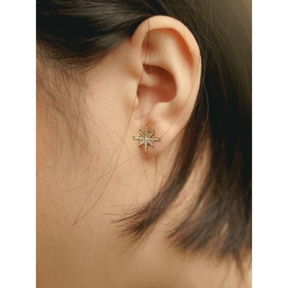 18K Rose Gold Plated Round Crystals Star Stud Earrings - Picture 2 of 4